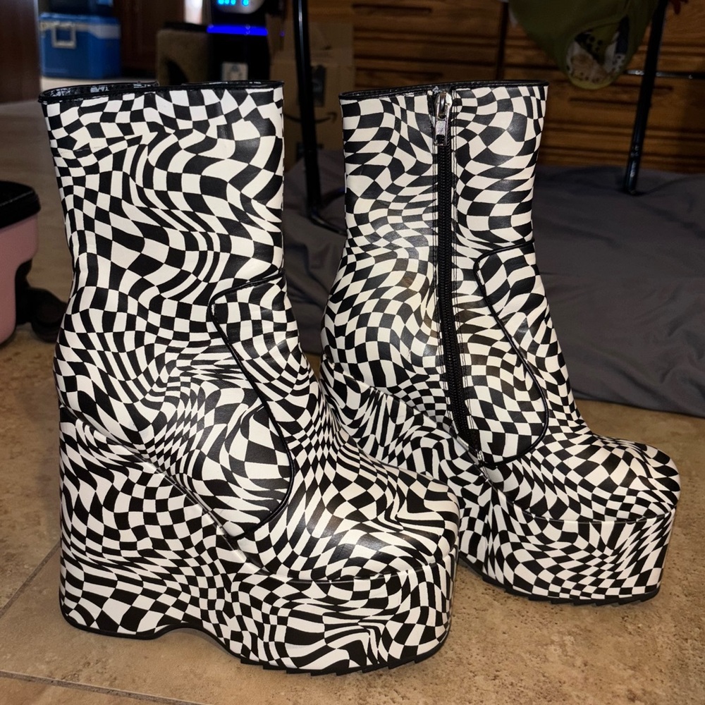 Dolls Kill Black and White Optical Checkered Platform Boots